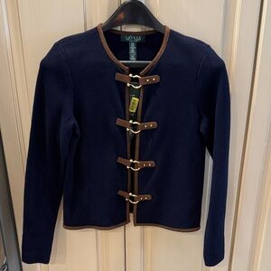 Ralph Lauren Dark Blue Cardigan with Brown Trim